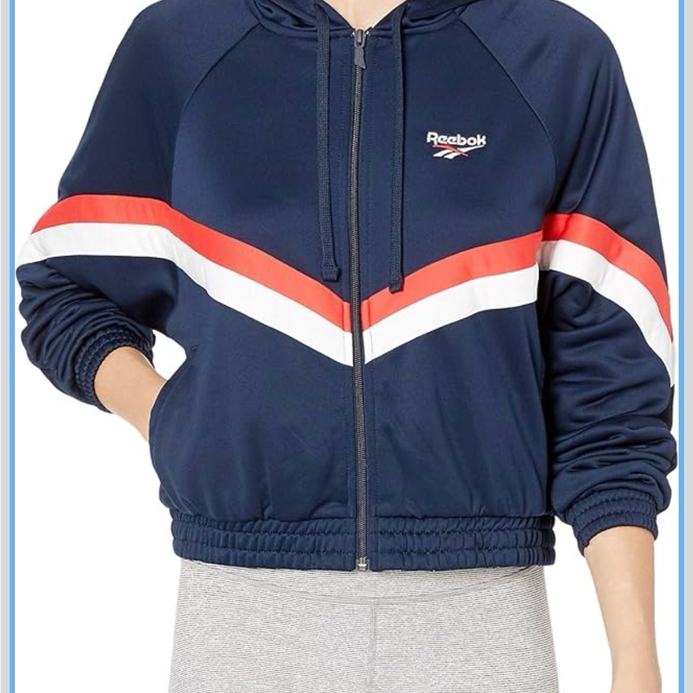 Reebok Women's Navy Hooded Bomber Jacket with Red & White Chevron